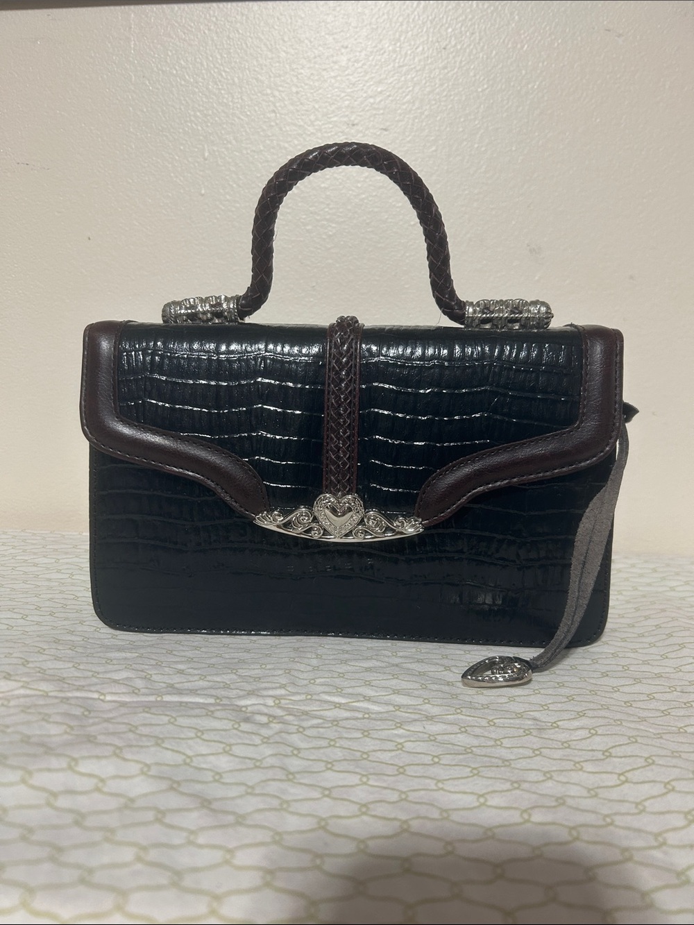 Brighton Black Croc-Embossed Top Handle Satchel with Brown Trim